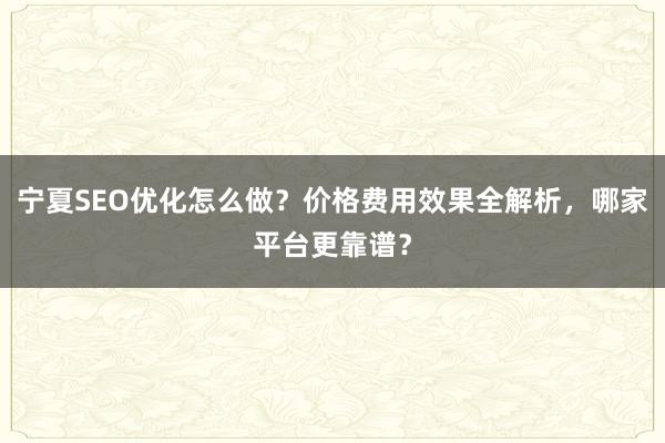宁夏SEO优化怎么做？价格费用效果全解析，哪家平台更靠谱？